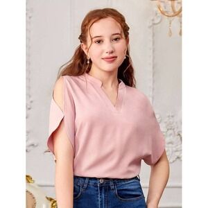 Shein Pink Blouse‎ V-Neck Cold Shoulder Short Sleeve Top Size L